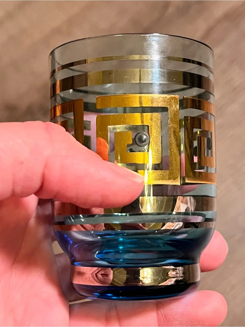 MCM style footed cocktail glasses (4) blue gold silver barware retro Greek key